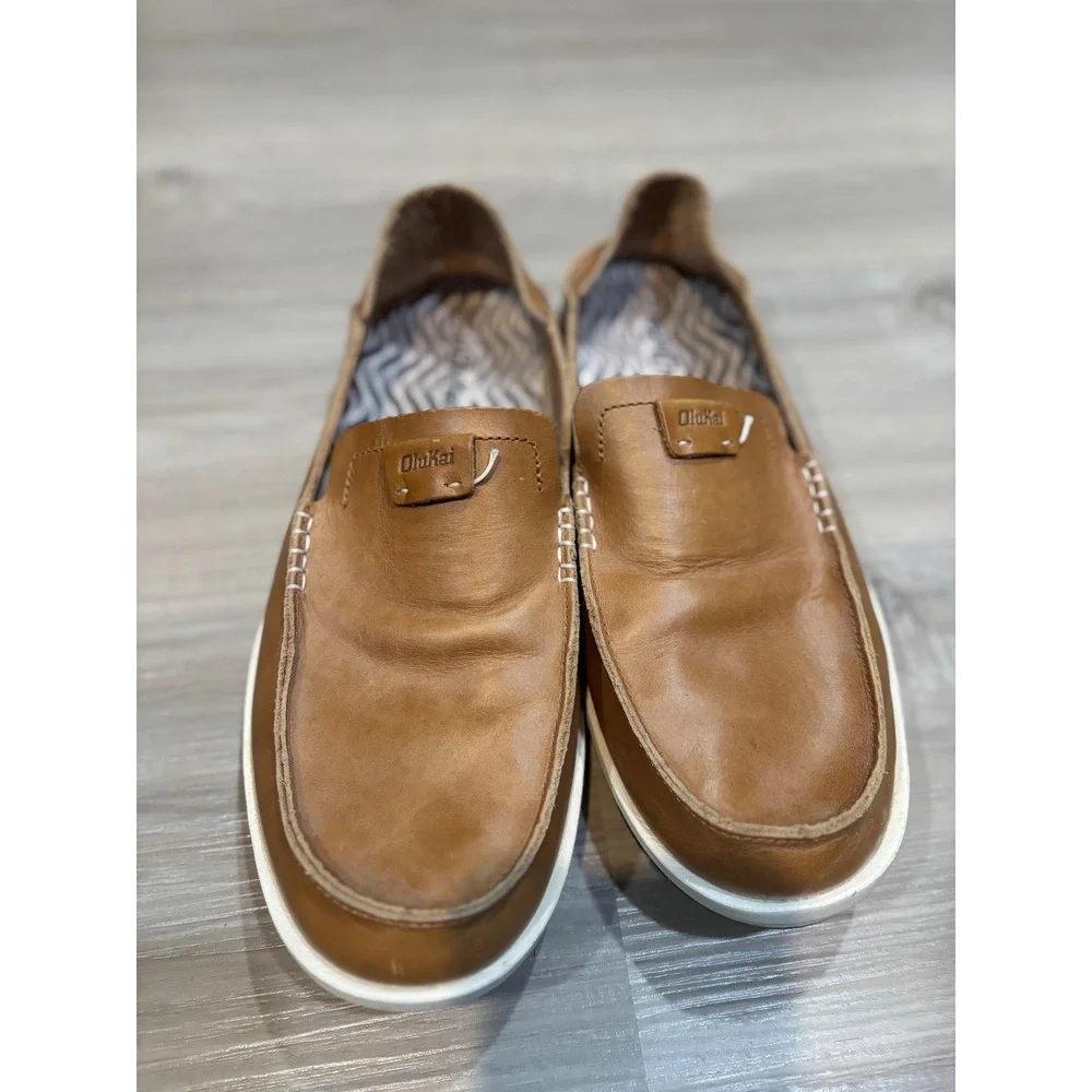 OluKai Kakaha Mens Leather Slip On Shoes Loafers Brown Fox 10490-FXFX Size 11